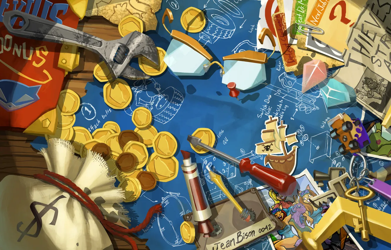 Photo wallpaper photo, money, scheme, key, art, crystals, coins, keys, screwdriver, Thieves in Time, Sly Cooper, spanner