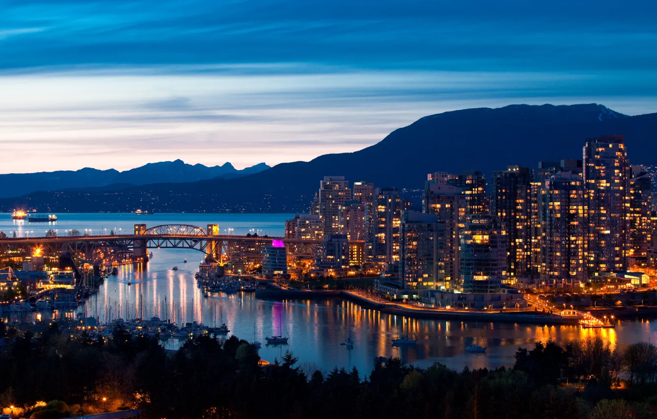 Photo wallpaper sea, the sky, landscape, mountains, bridge, the city, home, ships, the evening, port, panorama, vancouver …