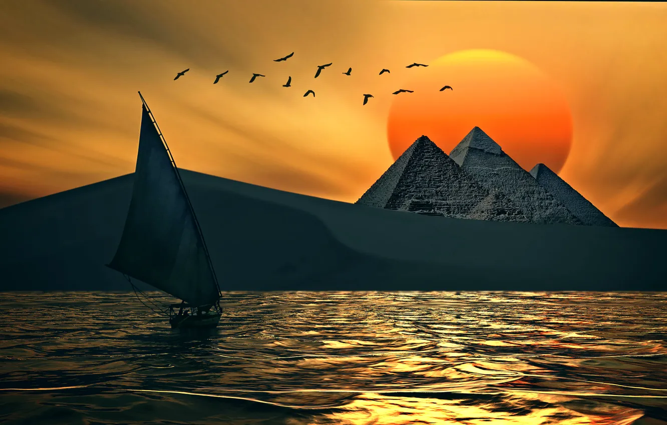 Photo wallpaper the sun, birds, sailboat, pyramid, digital art work, PYRAMIDS MAGIC