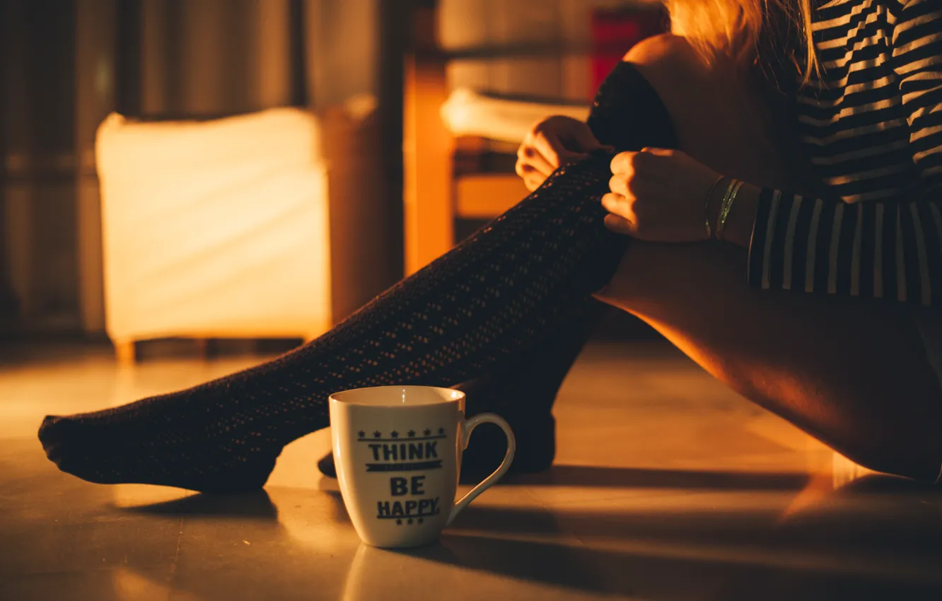 Photo wallpaper girl, stockings, mug