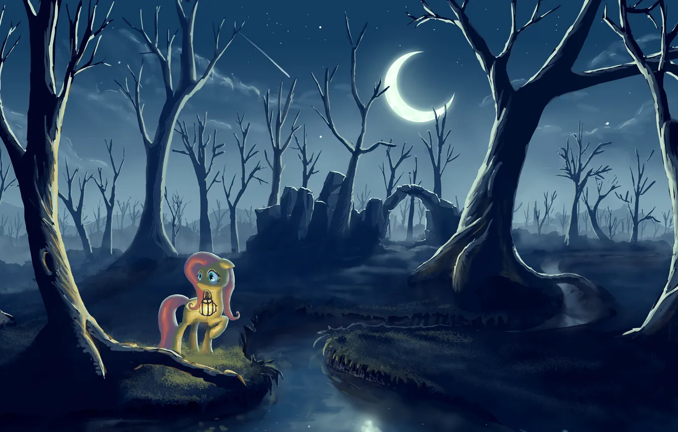 Photo wallpaper forest, night, the moon, lantern, pony, My little pony