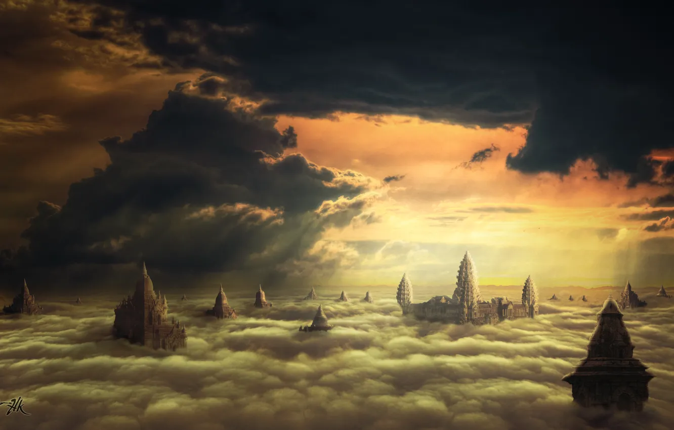 Photo wallpaper clouds, the city, fantasy, by hankep