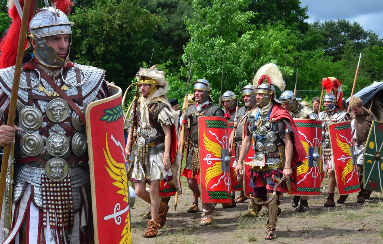 Photo wallpaper shoes, armor, swords, shields, Darts, hats, Roman legionaries, military-historical reconstruction, tunic