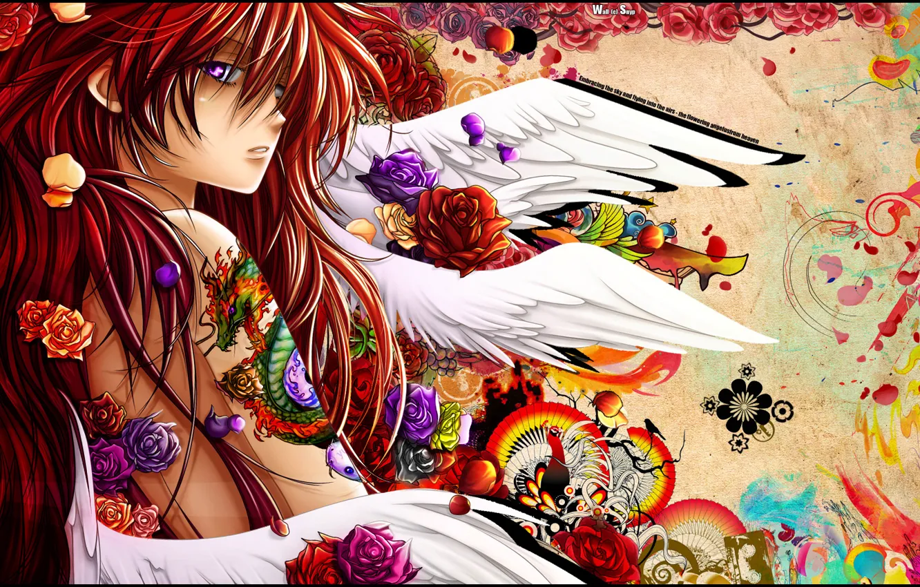 Photo wallpaper flowers, paint, dragon, anime, tattoo