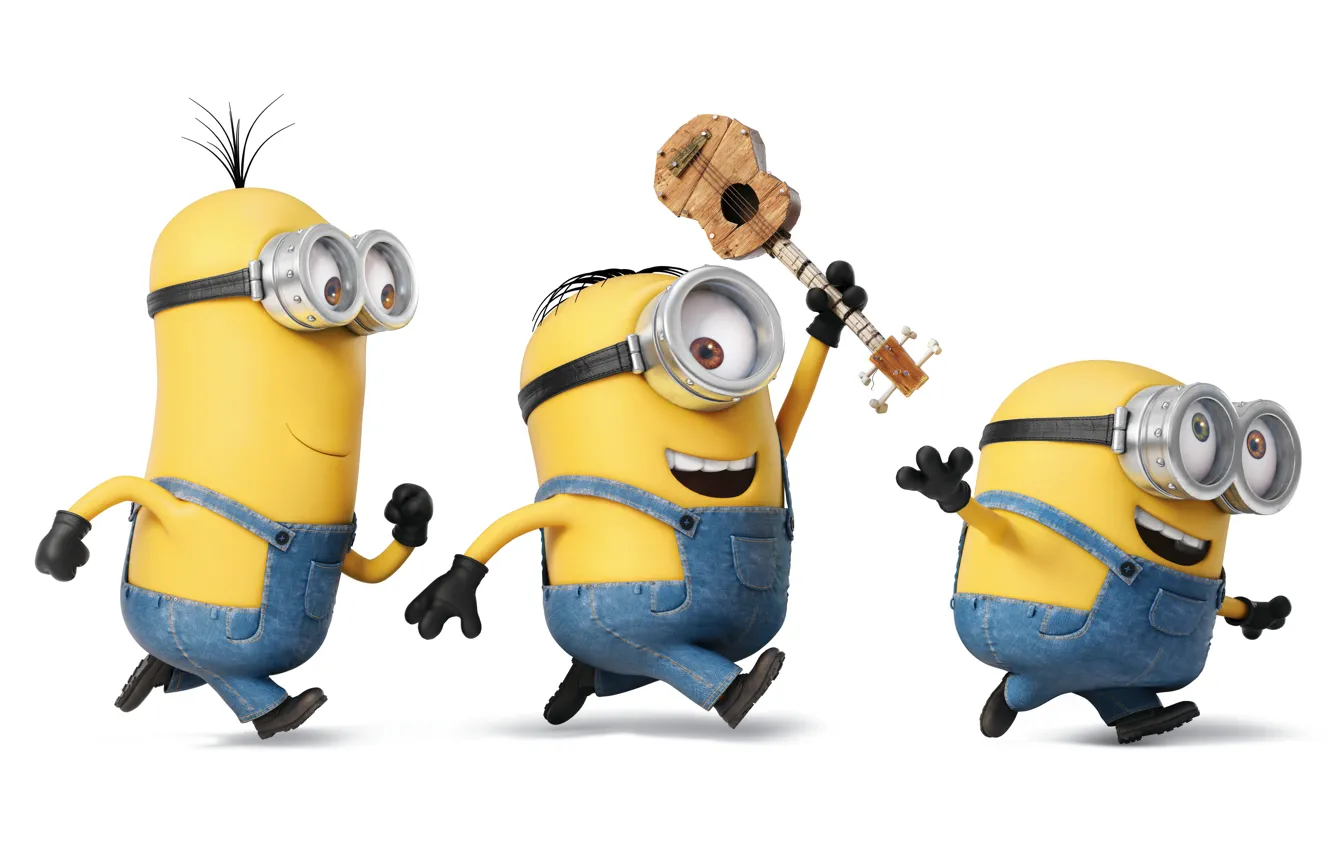 Wallpaper joy, mood, cartoon, guitar, yellow, glasses, white background,  gloves, three, characters, run, jumpsuits, Minions, Minions images for  desktop, section фильмы - download