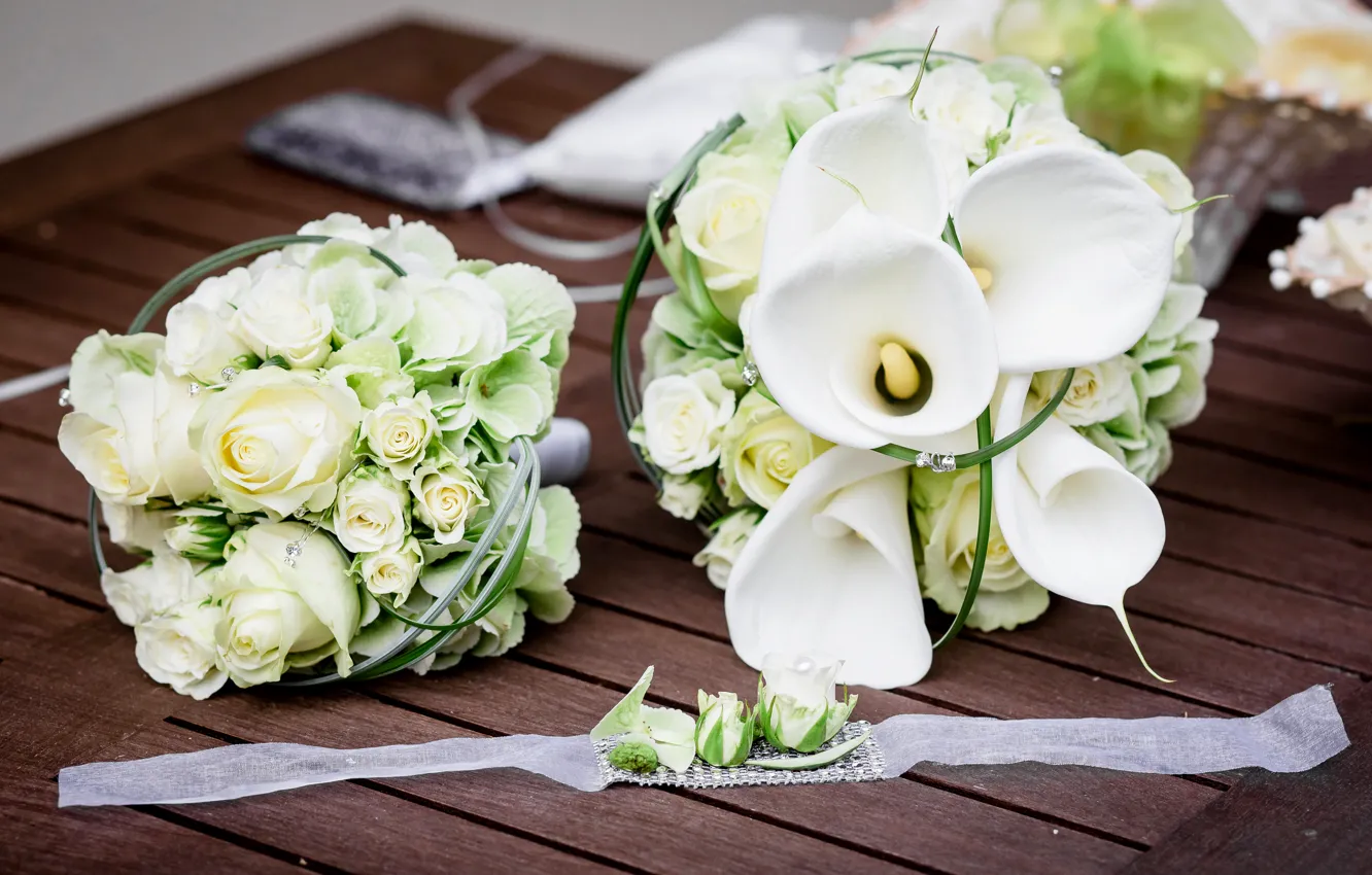 Photo wallpaper white, roses, bouquet, tape, Board, white, wedding, Roses, decor, wedding, Calla lilies, Bouquets